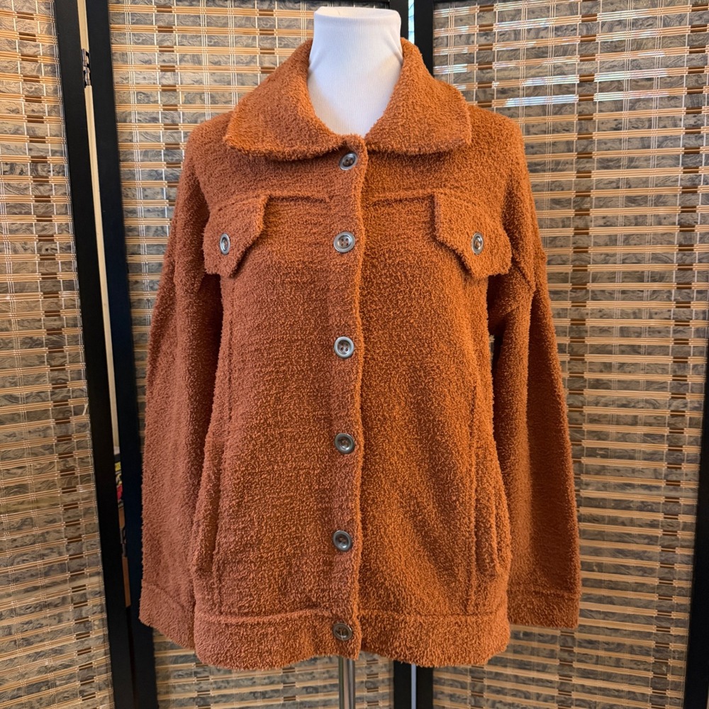 Tahari Sherpa Shacket Women XL Rust Orange Button Up Fleece Teddy Jacket